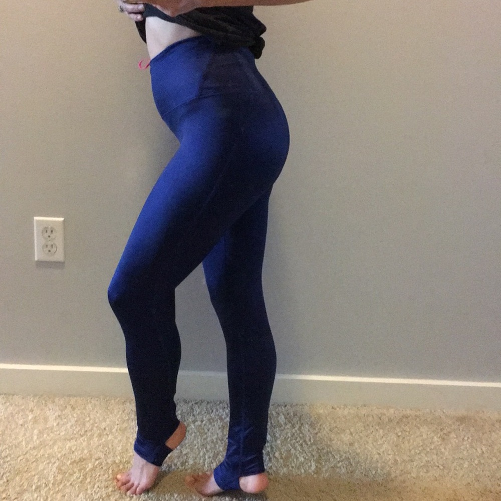 Satin, navy blue stirrup leggings